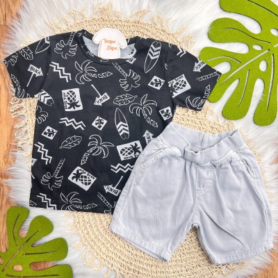 Conj. Camiseta Beach e Bermuda - Preto e Cinza